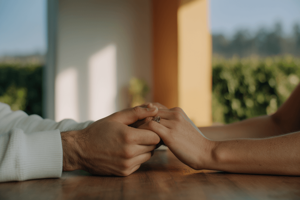 Two people holding hands across a wooden tabletop