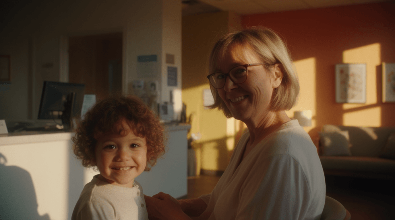 A patient smiling with a family member while using a laptop