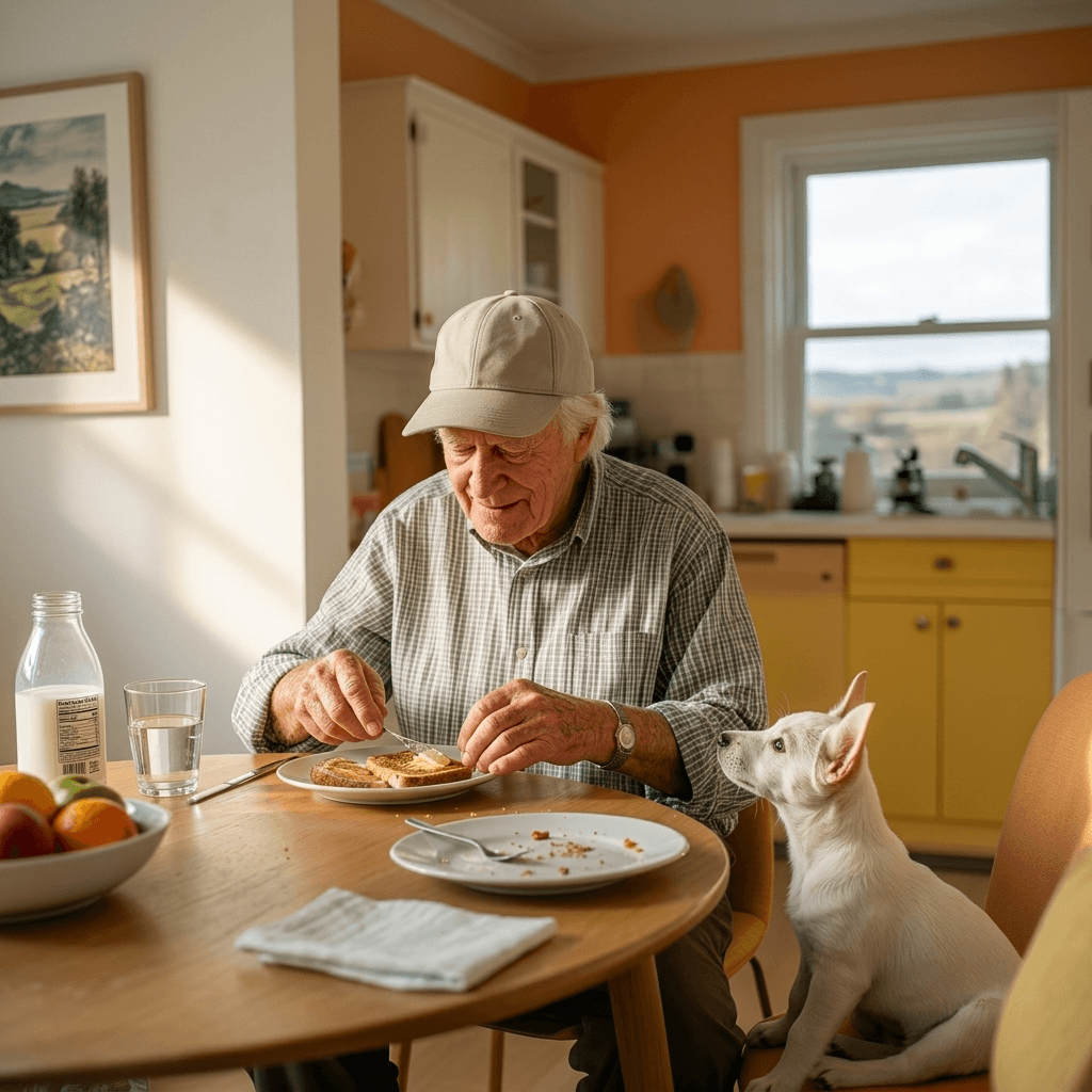 An older patient eating breakfast in a sunlit kitchen