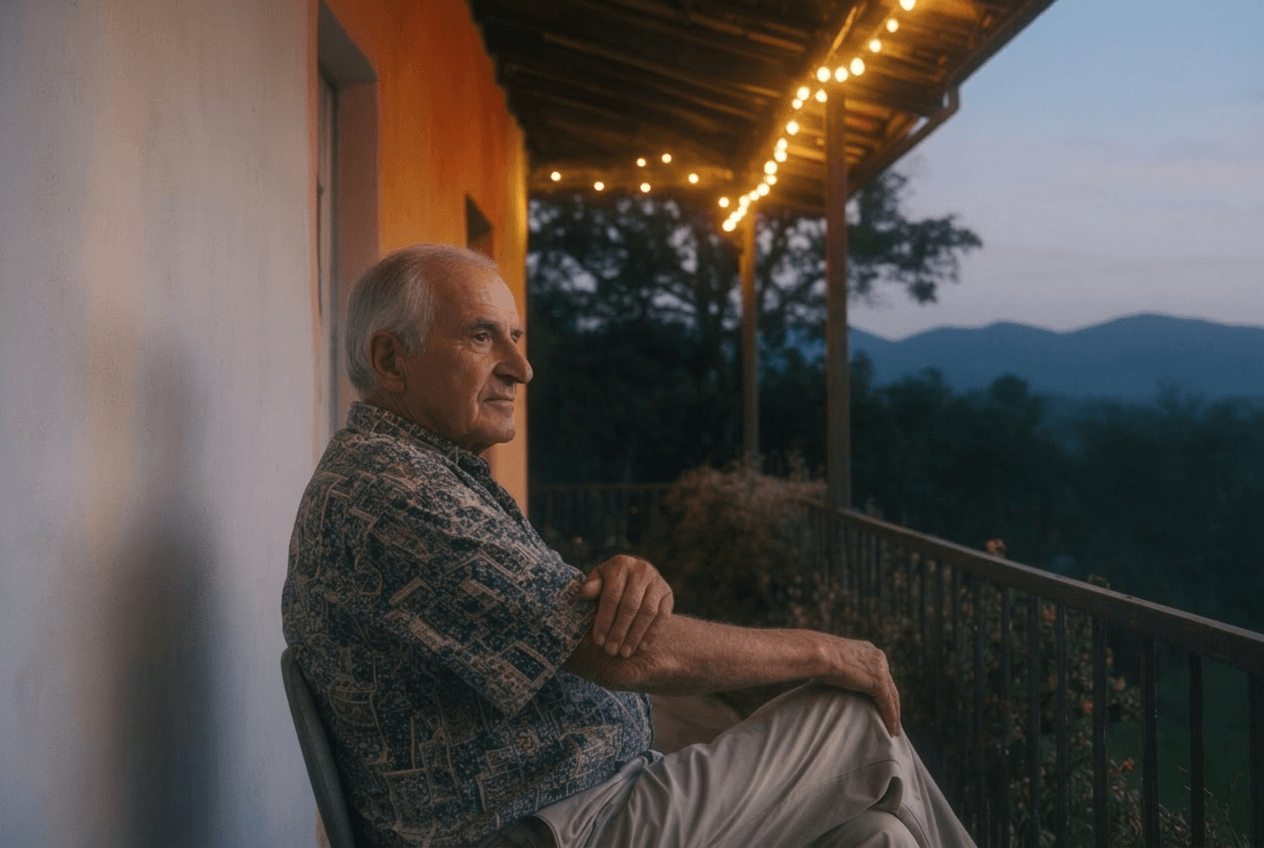 An older man sitting on a back porch in the evening