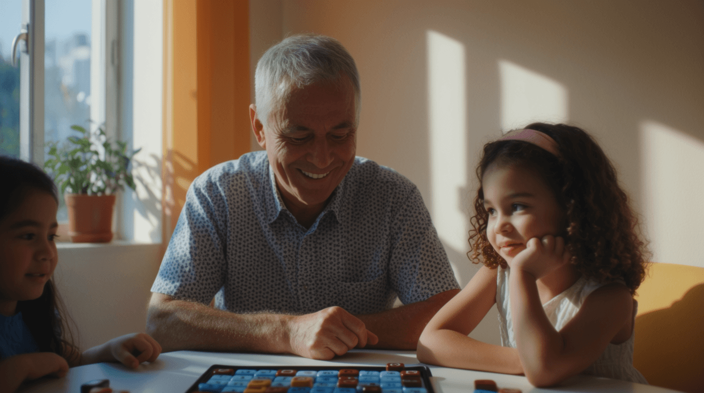 An older adult smiling with children while playing a board game in warm sunlight