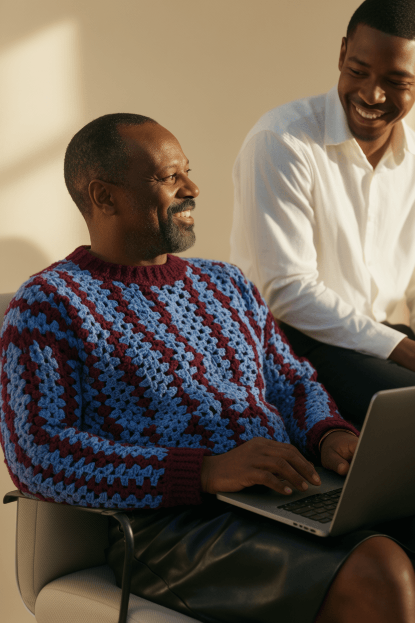 A patient smiling with a family member while using a laptop