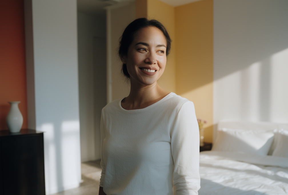 A woman standing in a sunlit bedroom